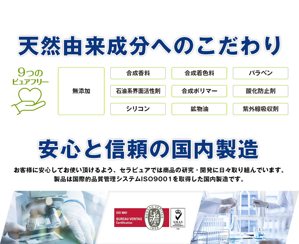 天然由来成分へのこだわり 安心と信頼の国内製造
