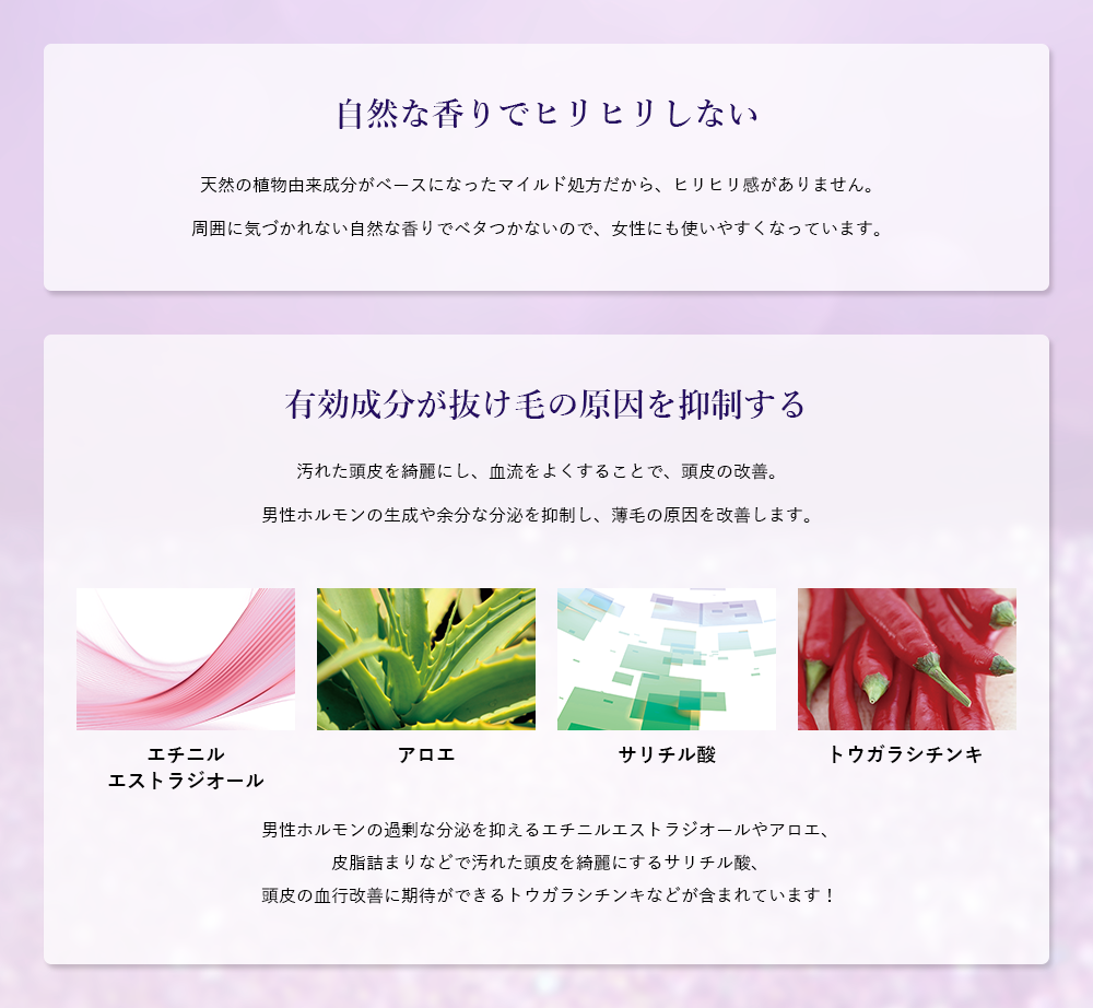 自然な香りでヒリヒリしない　有効成分が抜け毛の原因を抑制する